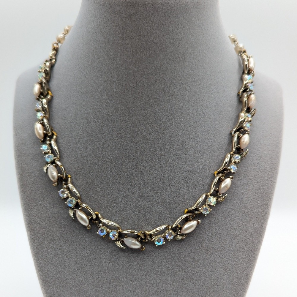 Vintage Lisner Faux Pearl Aurora Borealis Rhinestone Choker Necklace Gold Tone